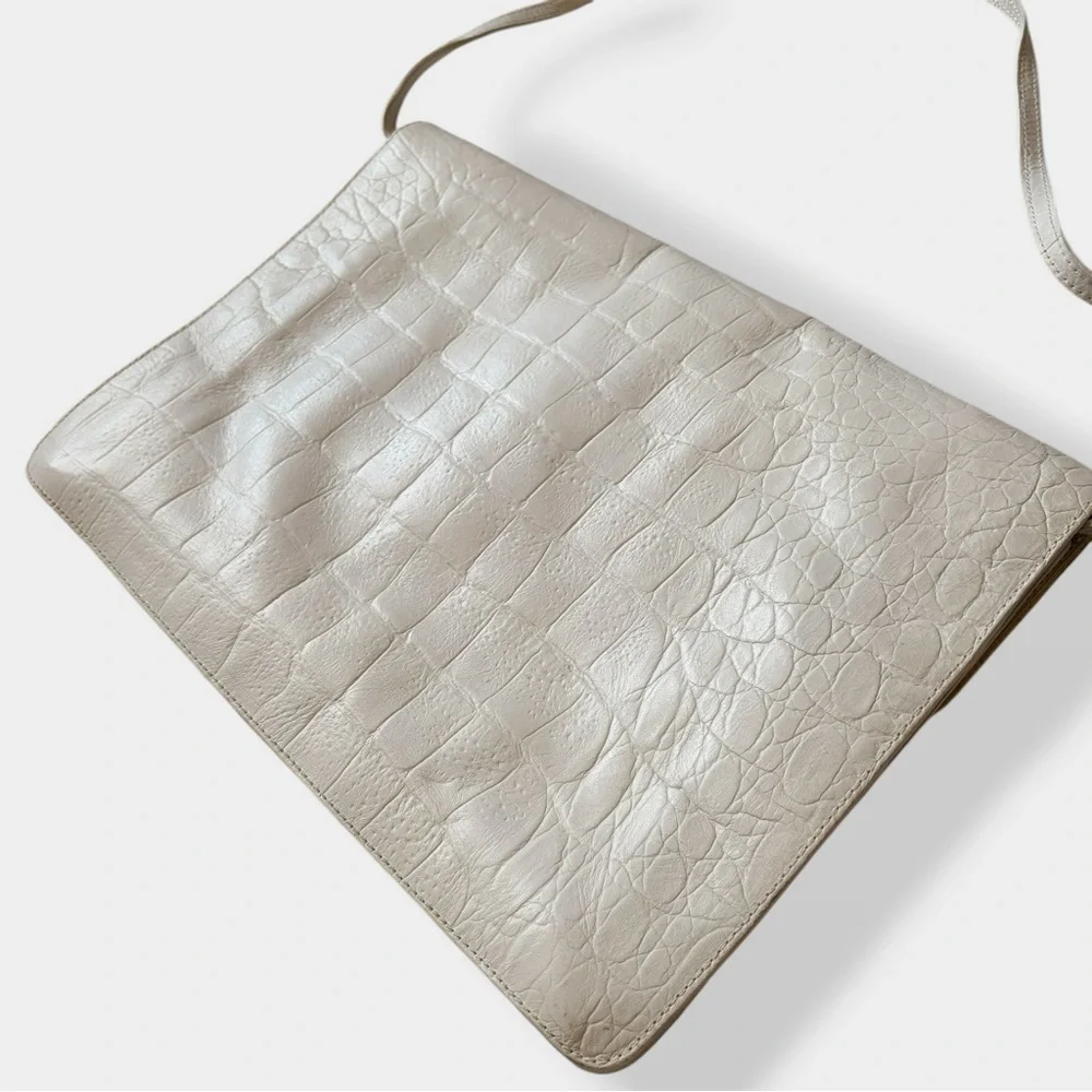 Vintage Furla Bag Envelope Croc Embossed Leather Off White Structured Purse